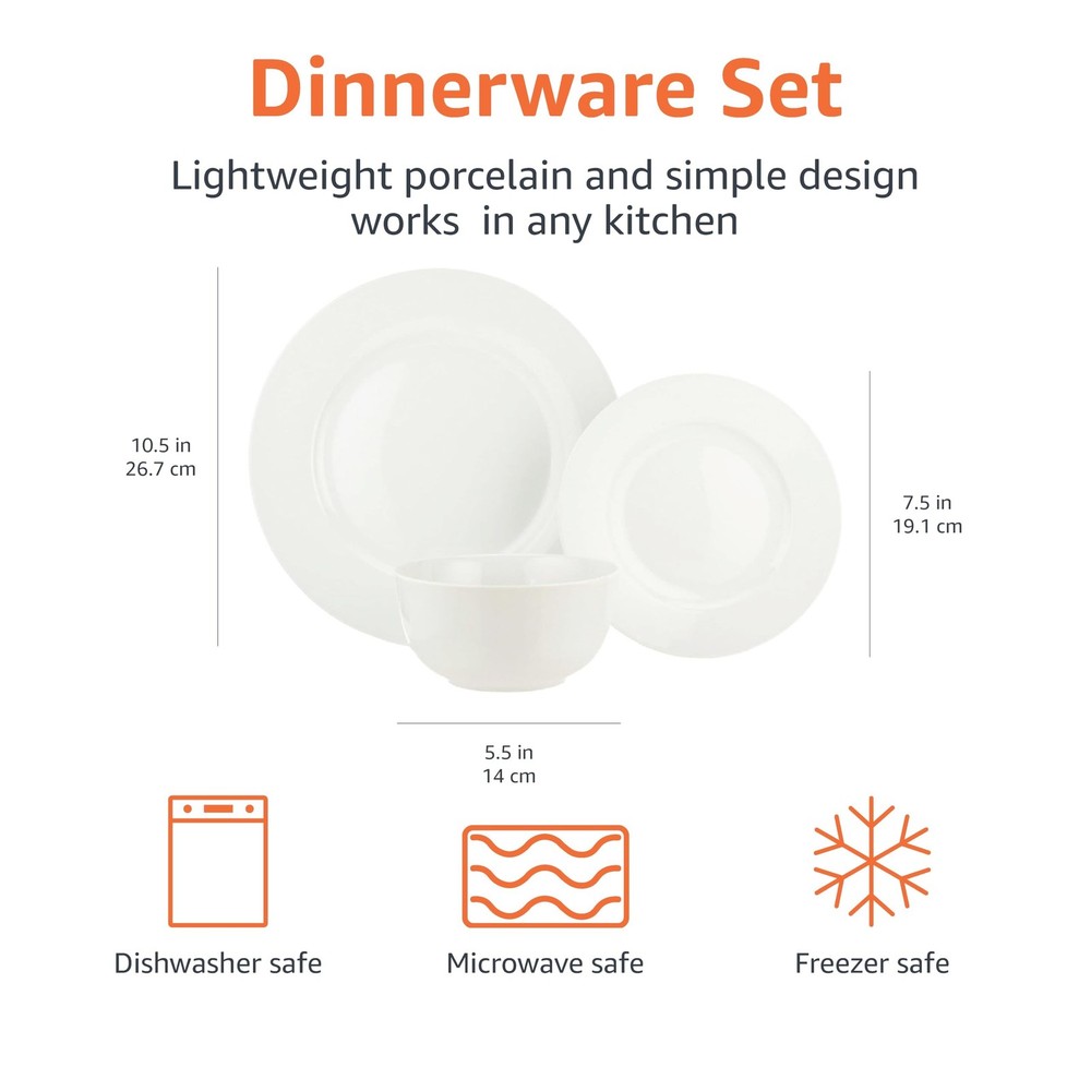 Amazon Basics Porcelain Dinnerware Set, Microwave and Dishwasher Safe, Servic...