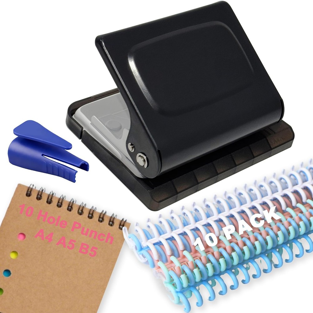 10 Hole Punch Binding Machine, Manual Planner Binder System, 10 Multi-Color Ring