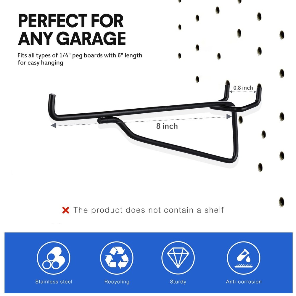 8 Pcs Black Pegboard Shelf Brackets, Hooks, Fits 1/4 Pegboard, Organizer