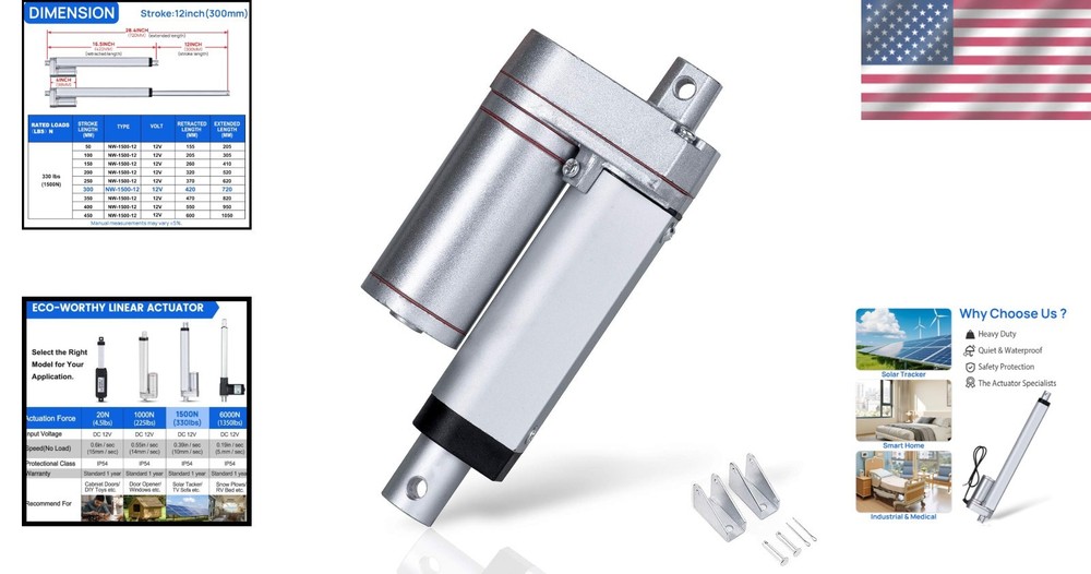 Durable 12V 330lbs Linear Actuator with Low Noise Operation & Mounting Brackets