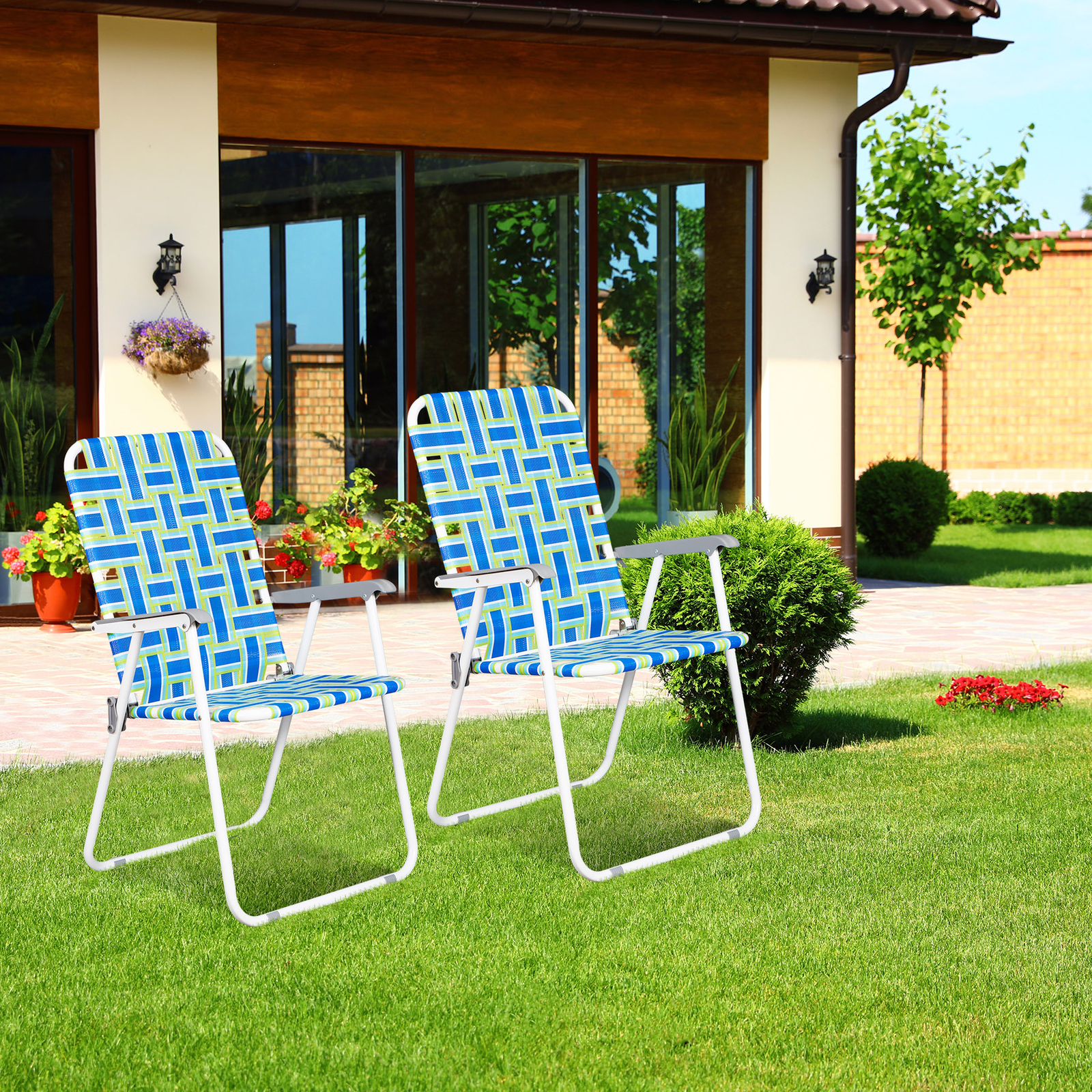 Metal Frame Blue Beach Chairs Set of 2 Webbed Folding Patio Lawn Camping Chairs