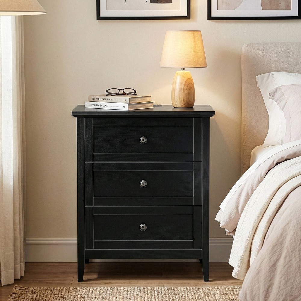 Black P2 MDF Particleboard with Melamine Veneer Three-drawer Bedside Table