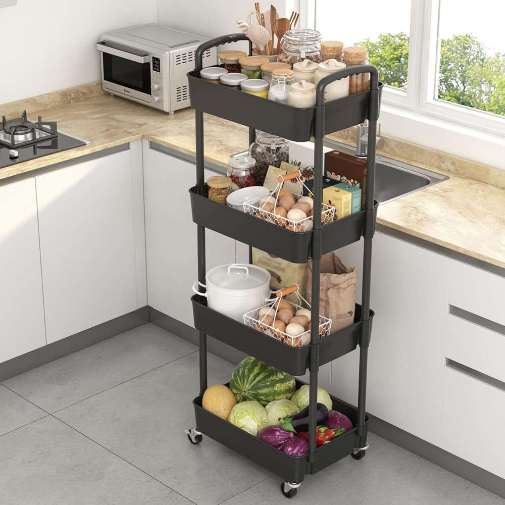 4-Tier Plastic Rolling Utility Cart Storage Organizer Lockable Wheels Black Rack