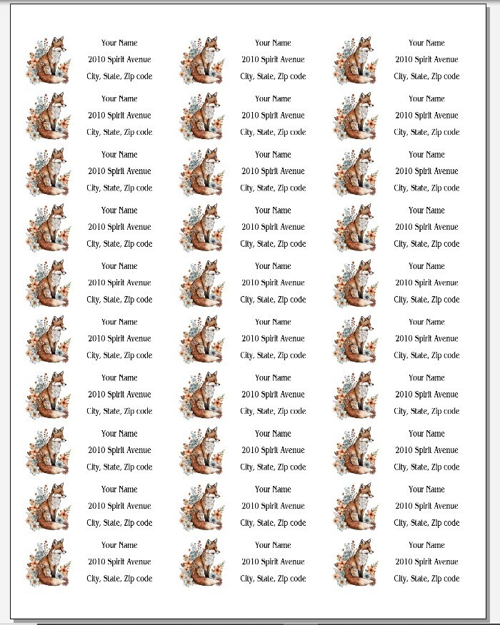 150 Primitive Red Fox Flowers Mailing Return Address Labels Personalize