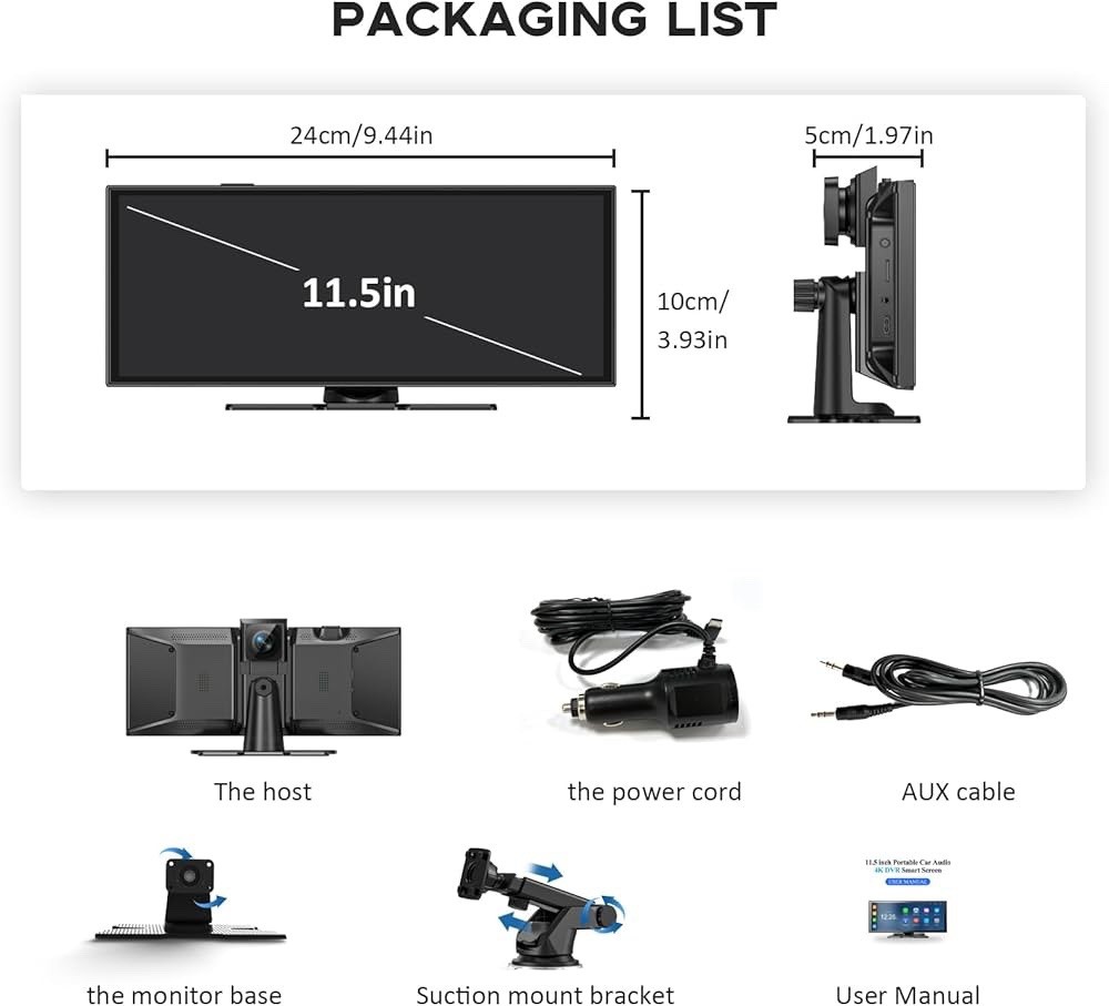 Largest 11.5" Portable Carplay Screen for Car, 4K Wireless Car Play & Black