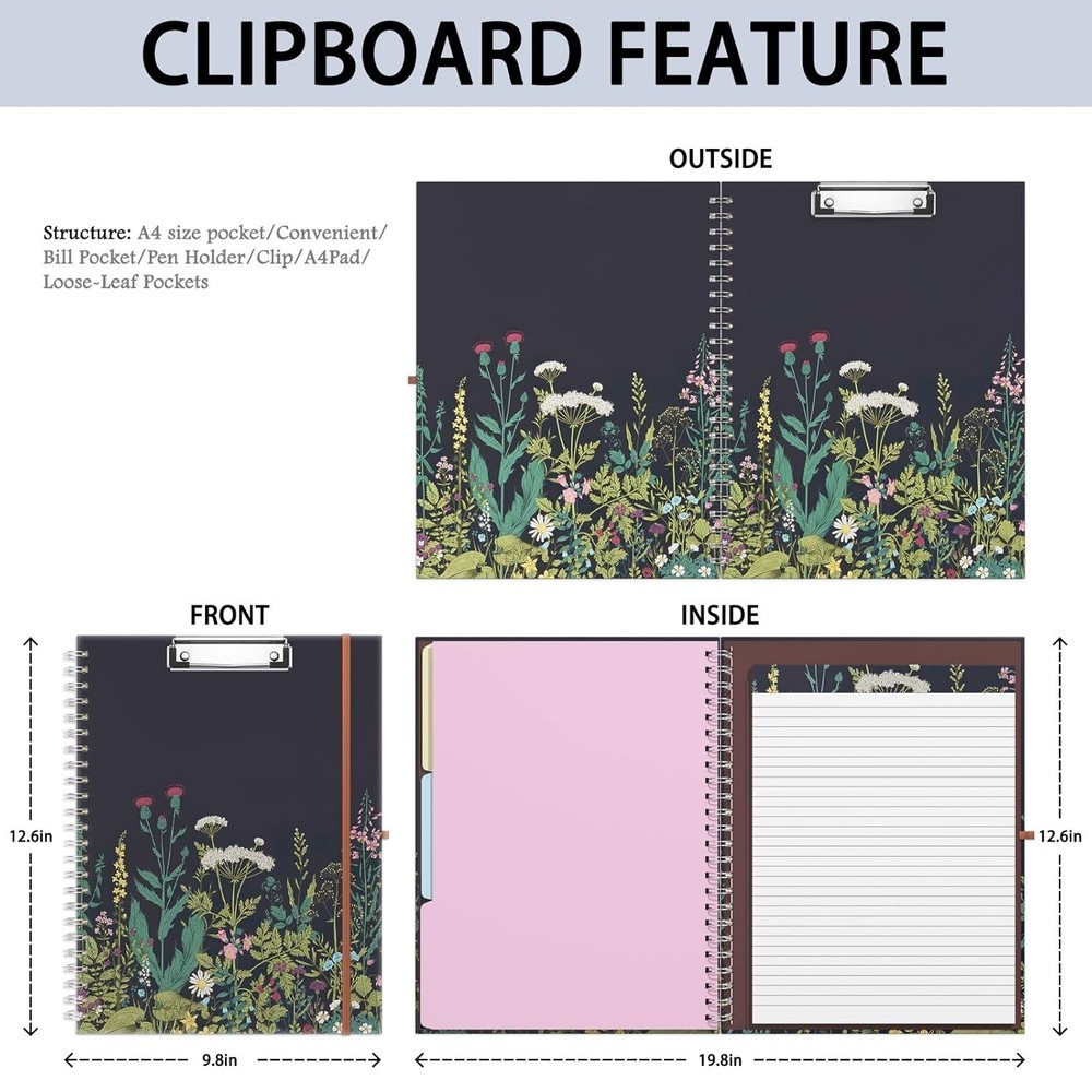 Spiral Clipboard Folio with Refillable Lined Notepad, 14.5 x 9.8 in,