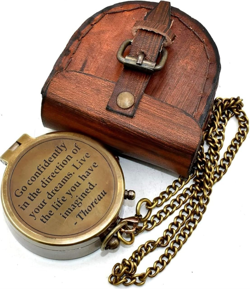 Thoreau'S Go Confidently Engraved Solid Brass Nautical Pocket Compass with Leath