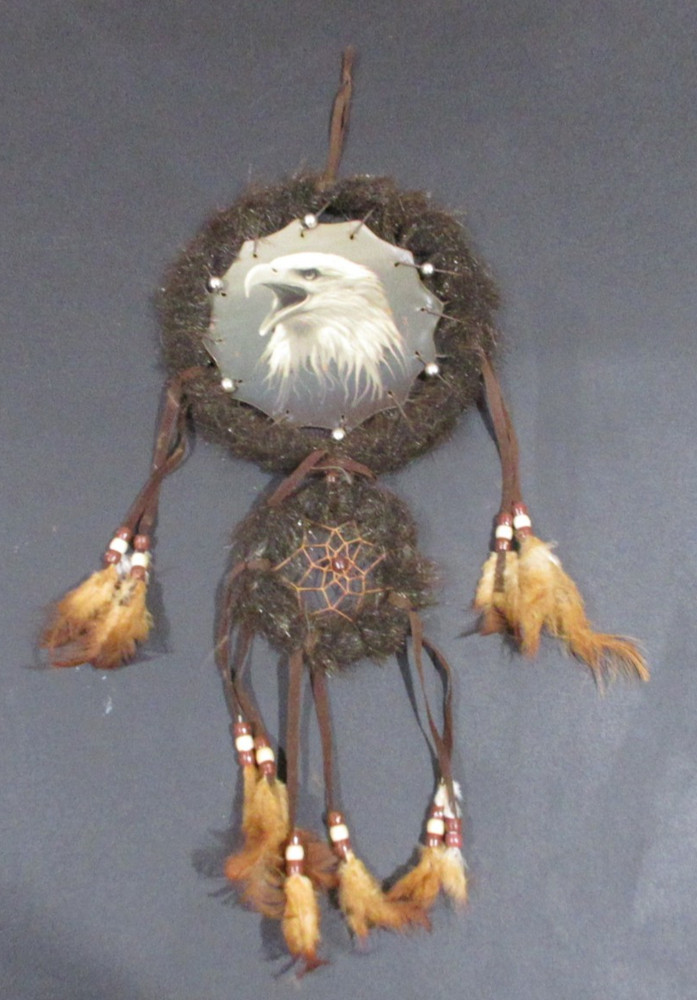 Two Circle Feathered 7" Dream Catcher With Bald Eagle
