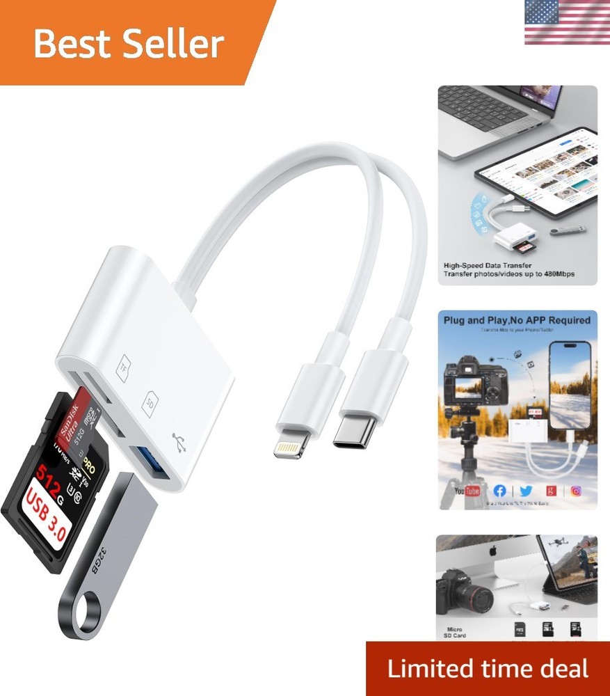 High-Speed Dual Port SD Card Reader for iPhone & Android - USB C & Lightning