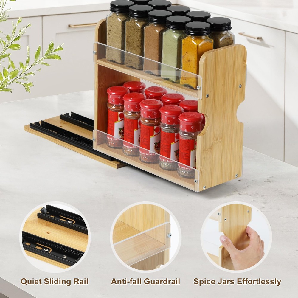 2 Tier Pull Out Spice Rack Organizer, Bamboo Sliding Spice Rack for Kitchen C...