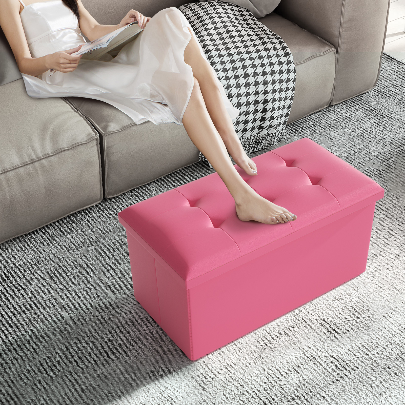 30" Dark Pink Folding Storage Ottoman Foot Stool Bench Chest w/Flipping Lid