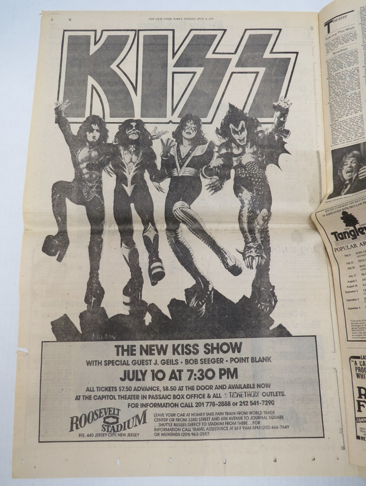 KISS JERSEY CITY 7/10/76 CONCERT AD FULL NEW YORK TIMES ARTS SECTION 50TH ANN!
