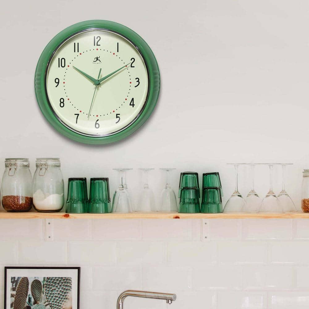 Infinity Instruments Wall Clock 12" Round Green Aluminum Retro Quartz Silent