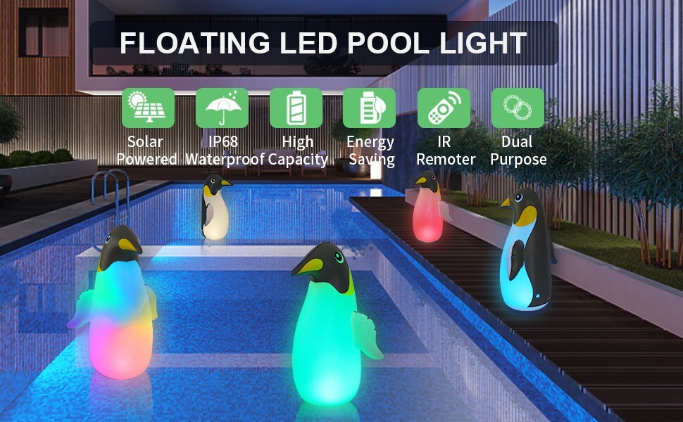 2 Pack Solar Floating Penguin Lights with Remote Waterproof 16 Colors 4 Modes