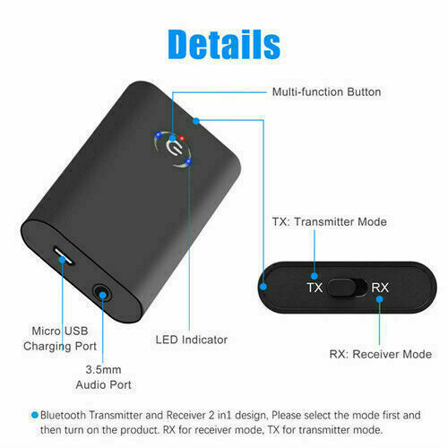 Bluetooth 5.0 Transmitter Receiver 2 IN 1 Wireless Audio 3.5mm Jack Aux Adapter