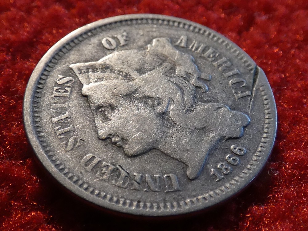 1866 Three Cent Nickel Detached Lamination Error! #3427