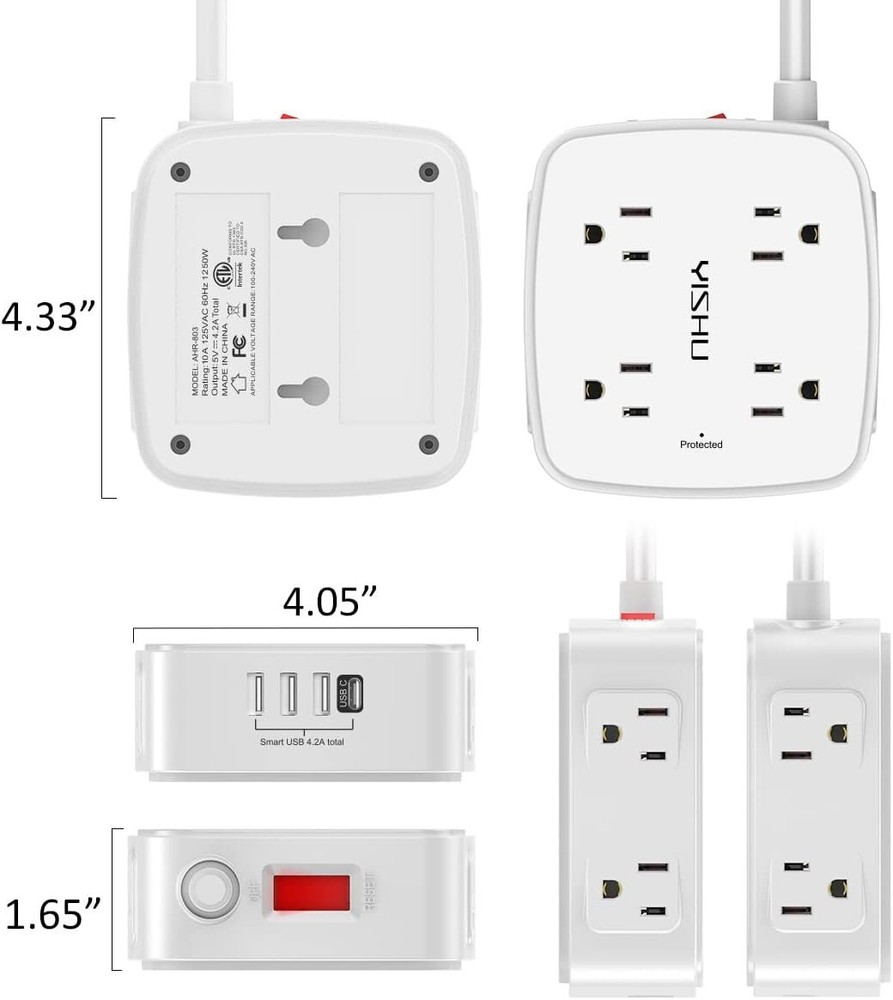6FT Power Strip Surge Protector, 8 Outlets 4 USB, Flat Plug, Wall Mount, White