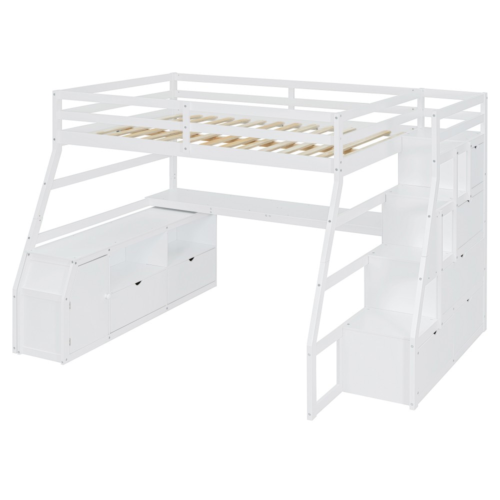 Full Loft Bed w/ Desk & Storage - White - Sturdy Pine Frame