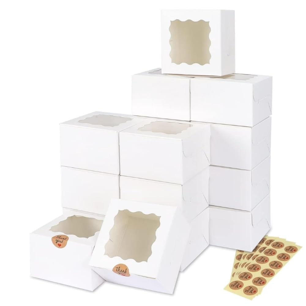 4x4x2.5 Cookie Boxes with Window, White Bakery Boxes Clear Window, 4" Mini Tr...