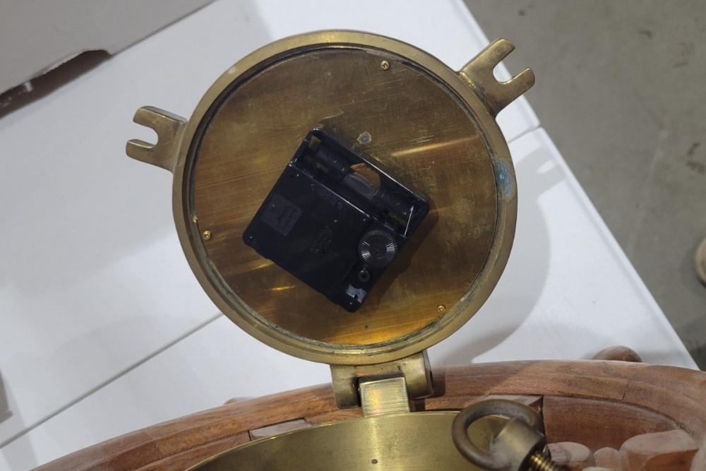 Vintage Ships Wheel Clock Solid Brass Wood Wheel