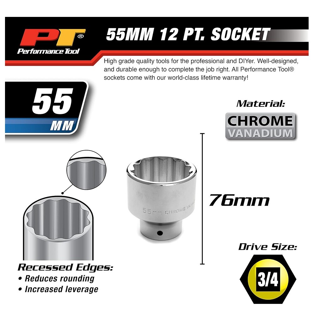 Performance Tool W34855 3/4-Inch Drive 12-Point Standard Socket 55mm