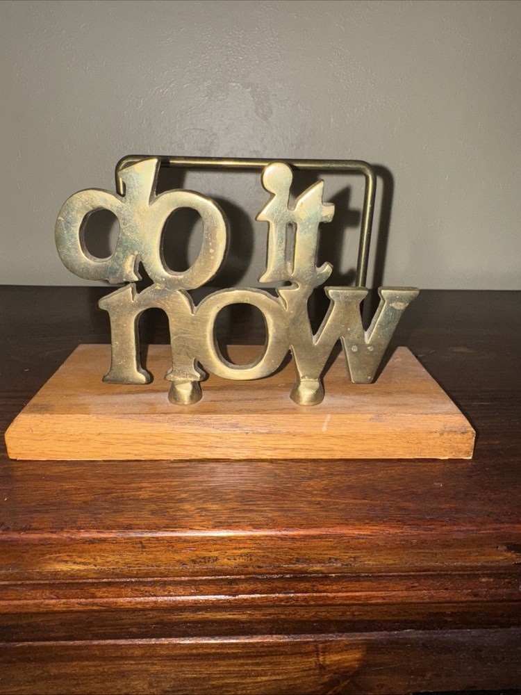 Vintage "Do It Now" Mail Holder in Solid Brass with Wood Oak Base