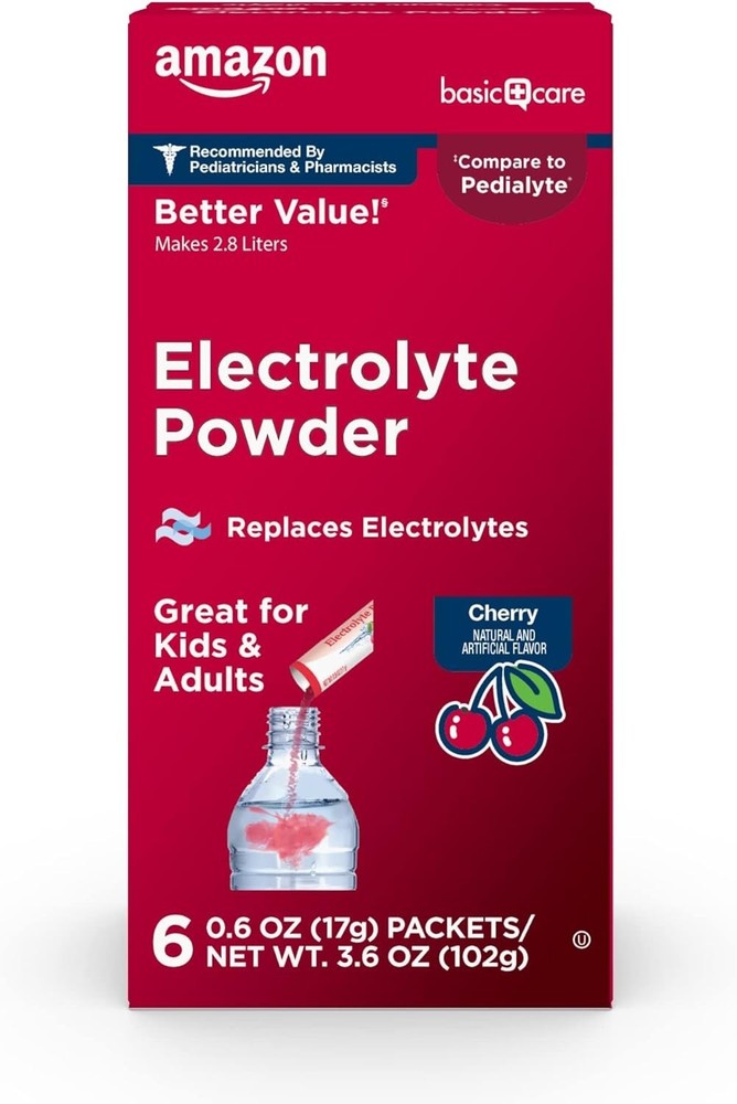 Amazon Basic Care Electrolyte Powder Cherry 6 ct Compare to Pedialyte