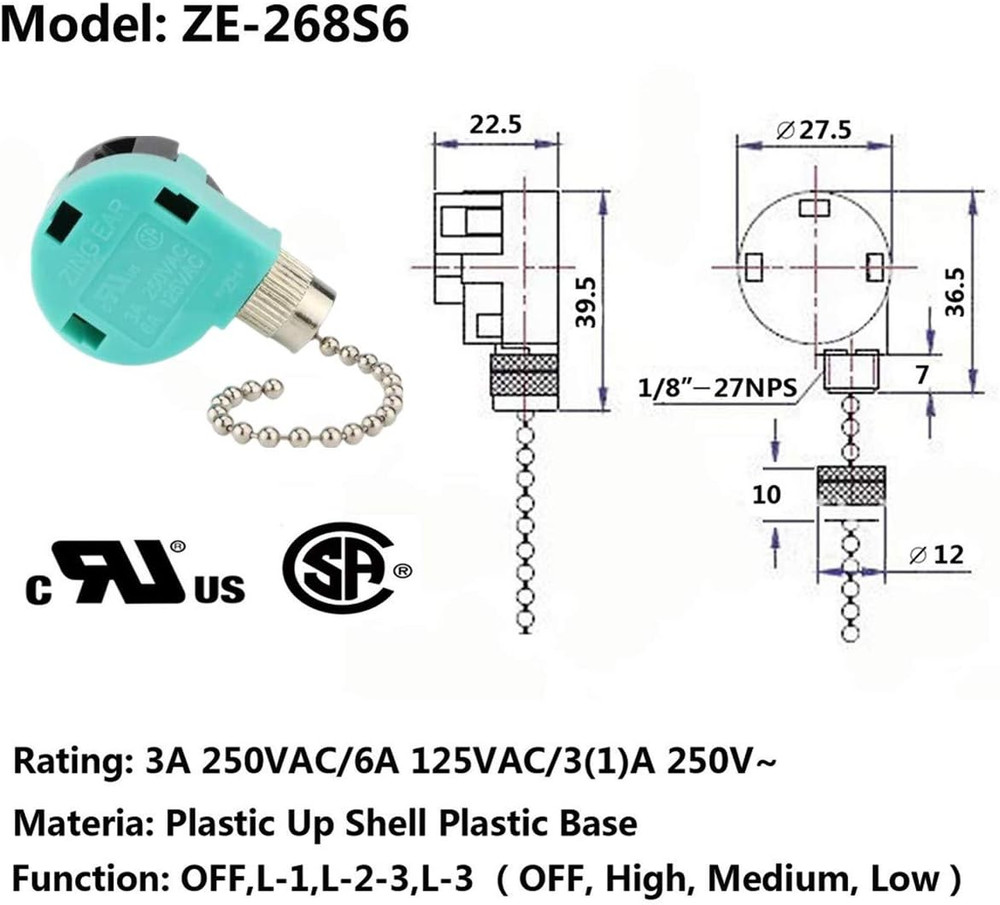 Ceiling Fan Switch 3 Speed 4 Wire Zing Ear ZE 268S6 Pull Chain Switch Control Re