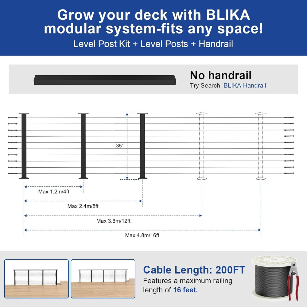 36" Cable Railing Post Kit, 8FT-16FT, Black, Swageless System, 200FT Cable