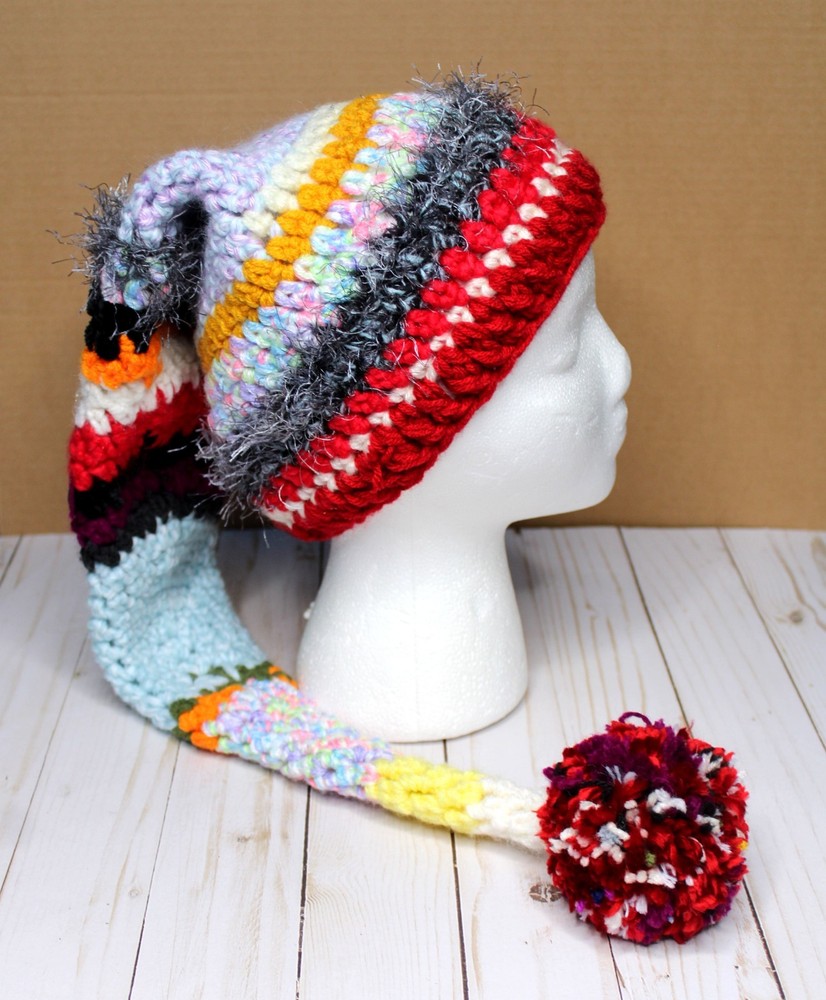 Hand Crocheted Multicolor Woold Blend Elf Hat with Pom Pom