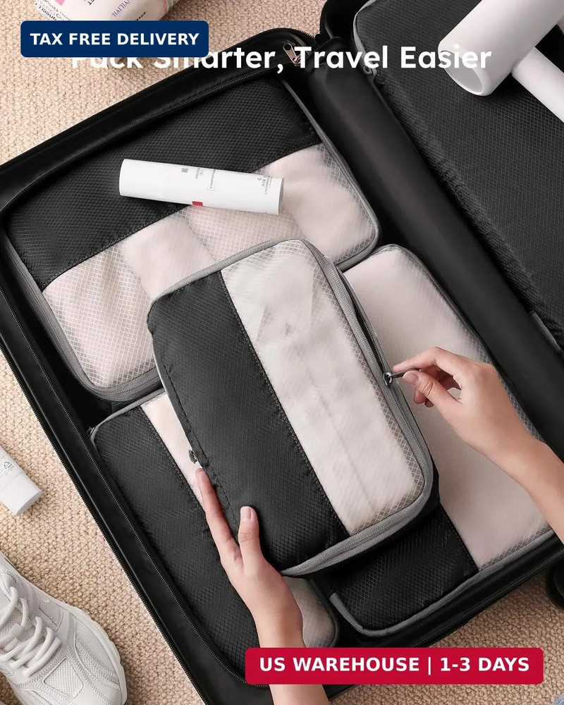 4 Set Compression Packing Cubes for Travel, Bonus Versatile Drawstring Backpack,