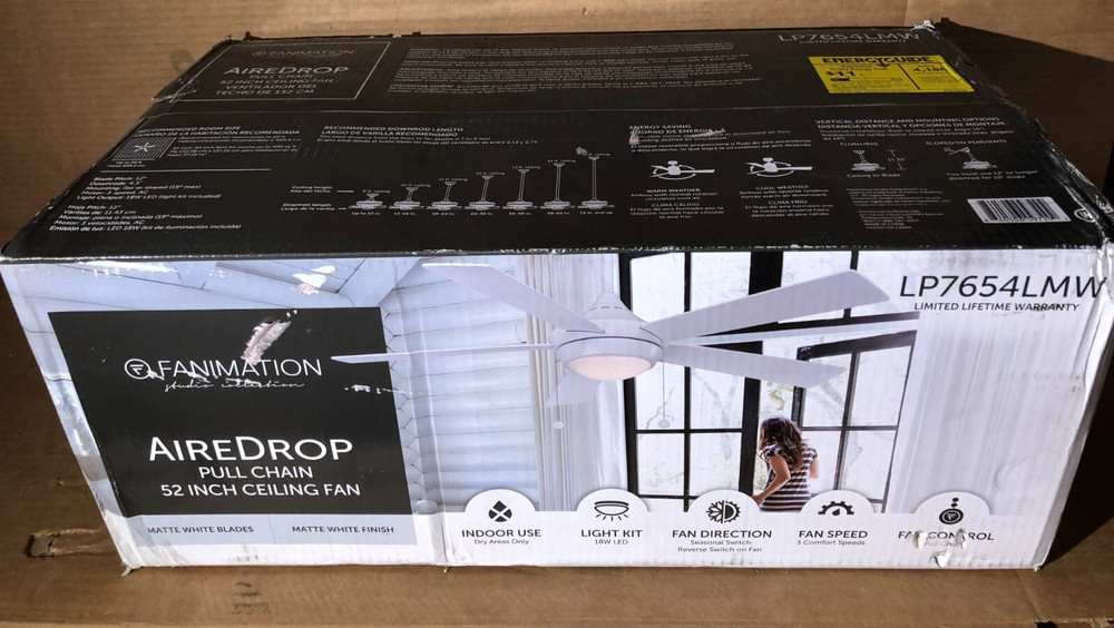 AireDrop Pull Chain Ceiling Fan 52" Matte White w/ Light New