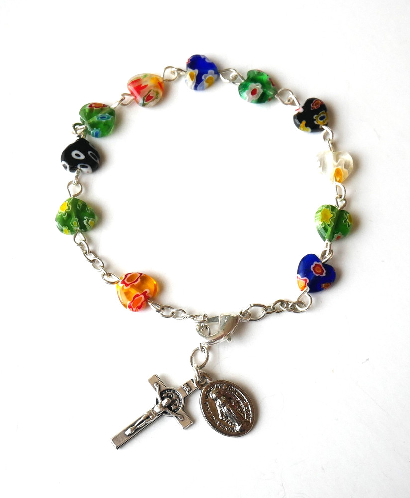 Rosary Bracelet with (10) Heart Shape Color Beads with Dangles