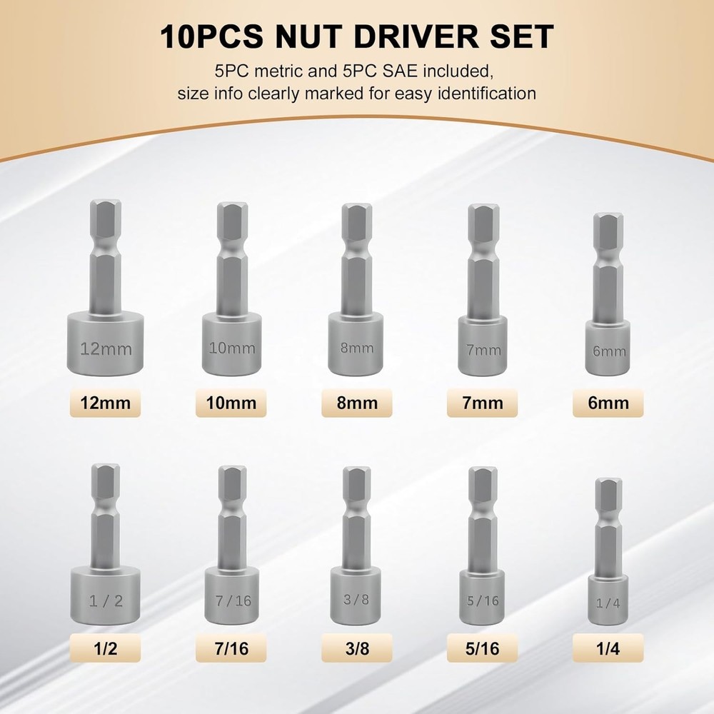 10-Piece Drill Socket Set with Polished Finish and Easy Size Identification