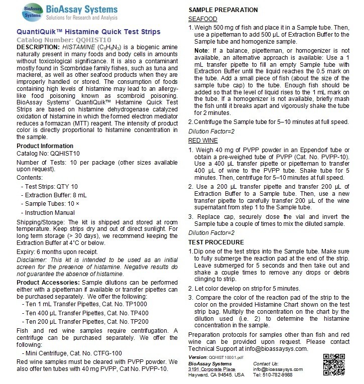 Histamine Quick Test Strips