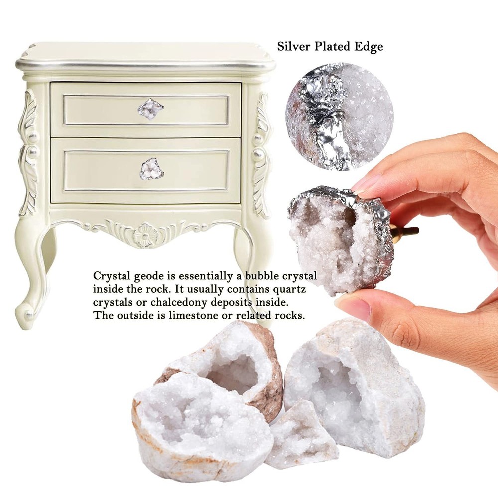 AMOYSTONE Crystal Geode Drawer Knobs Natural White Healing Crystal Stone Silv...