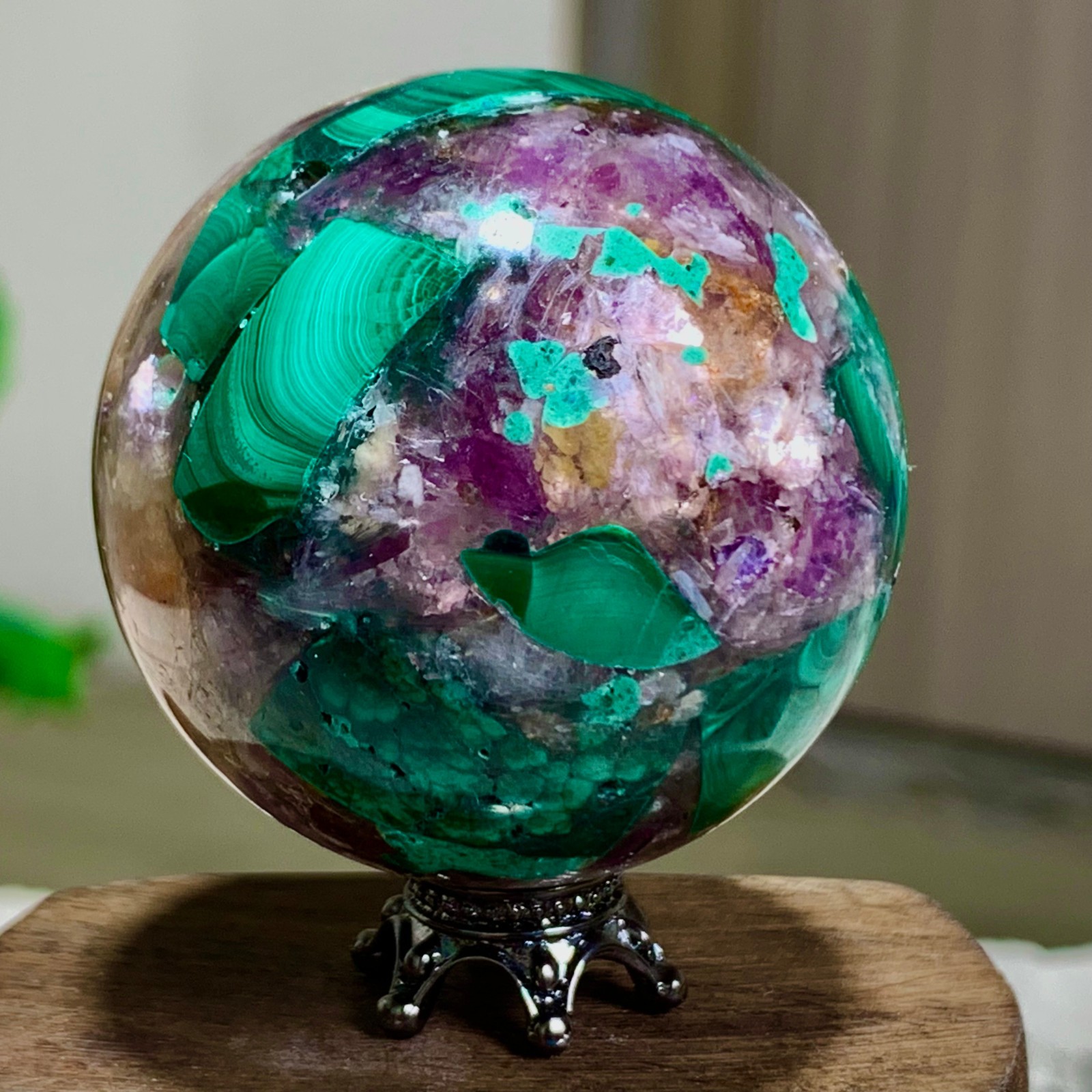 102G Newly discovered rare malachite purple mica symbiotic sphere restoration