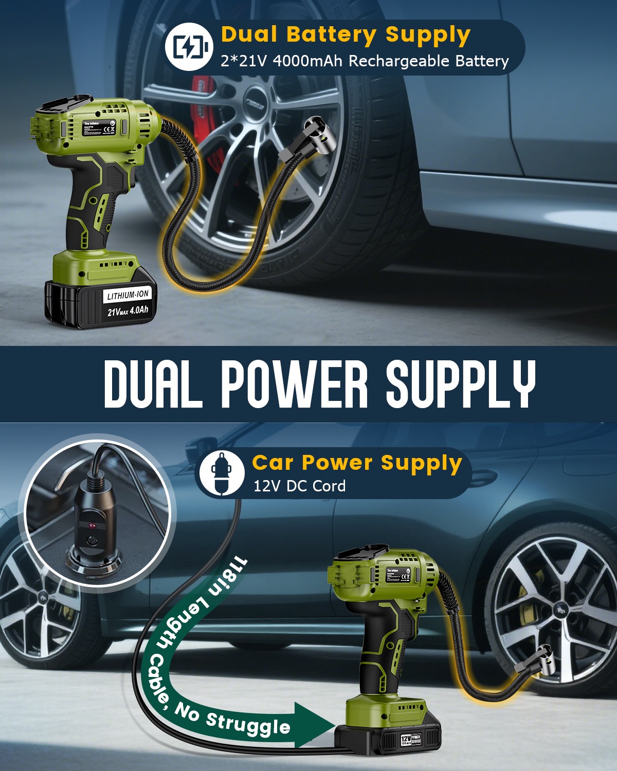 Cordless Tire Inflator Air Compressor with 2PC 21V Max Battery 150PSI Portable