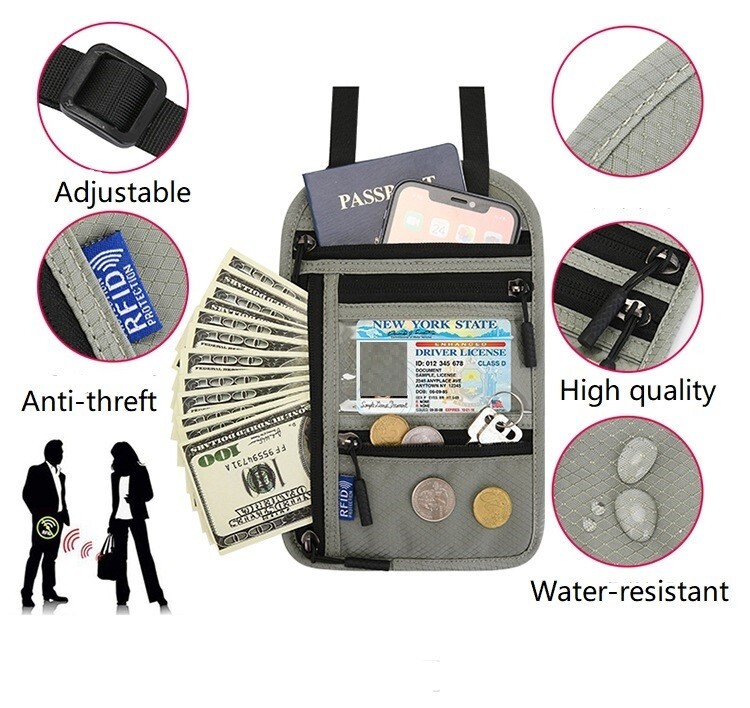 RFID Blocking Travel Neck Pouch, Passport Holder, Multicolor