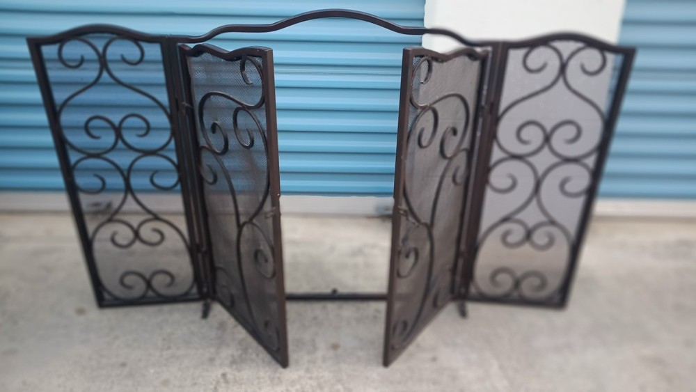 Modern 3 Panel Iron Folding Fireplace Screen with Doors, Black