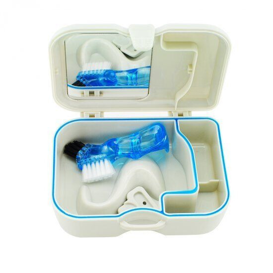 Dental Appliance Denture Storage Clean Brush False Teeth Box Case With Mirror