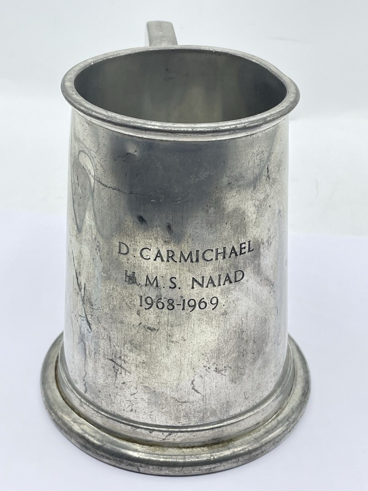 Post WW2 British Royal Navy HMS Naiad Tankard Presented To D Carmichael 1968-69