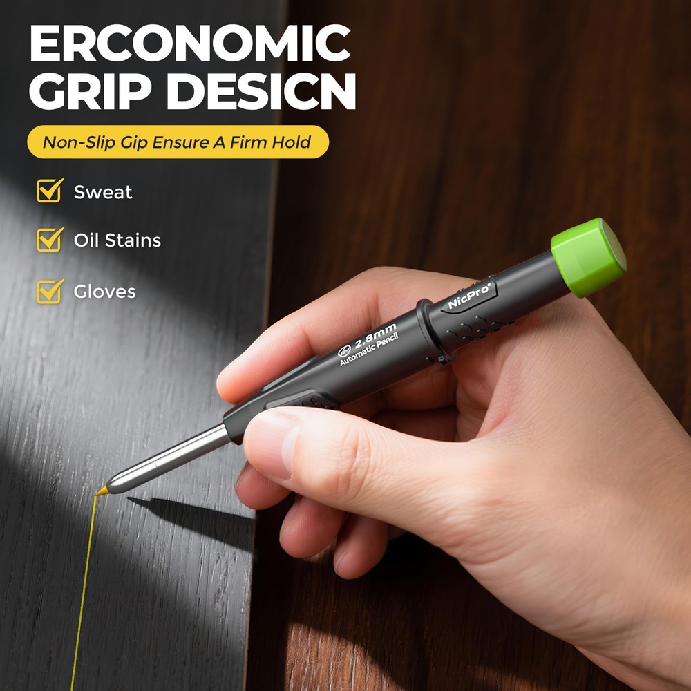Nicpro Carpenter Pencil with Sharpener, CP3000 Black Green