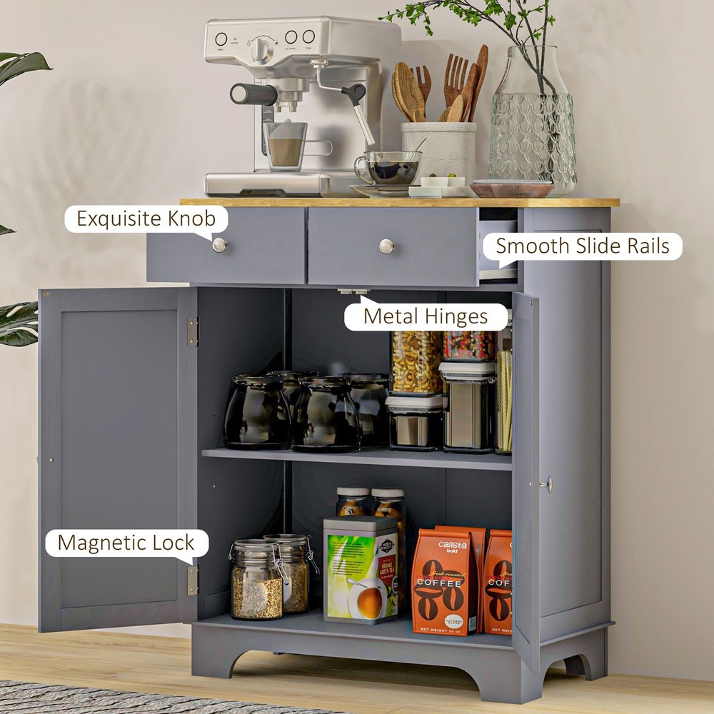Gray Sideboard Buffet Cabinet 2 Drawers Adjustable Shelf Kitchen Storage