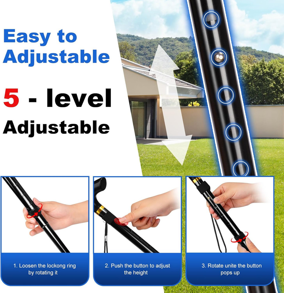 Folding Cane, Portable 5-Level Adjustable Height Walking Stick with Foldable Des