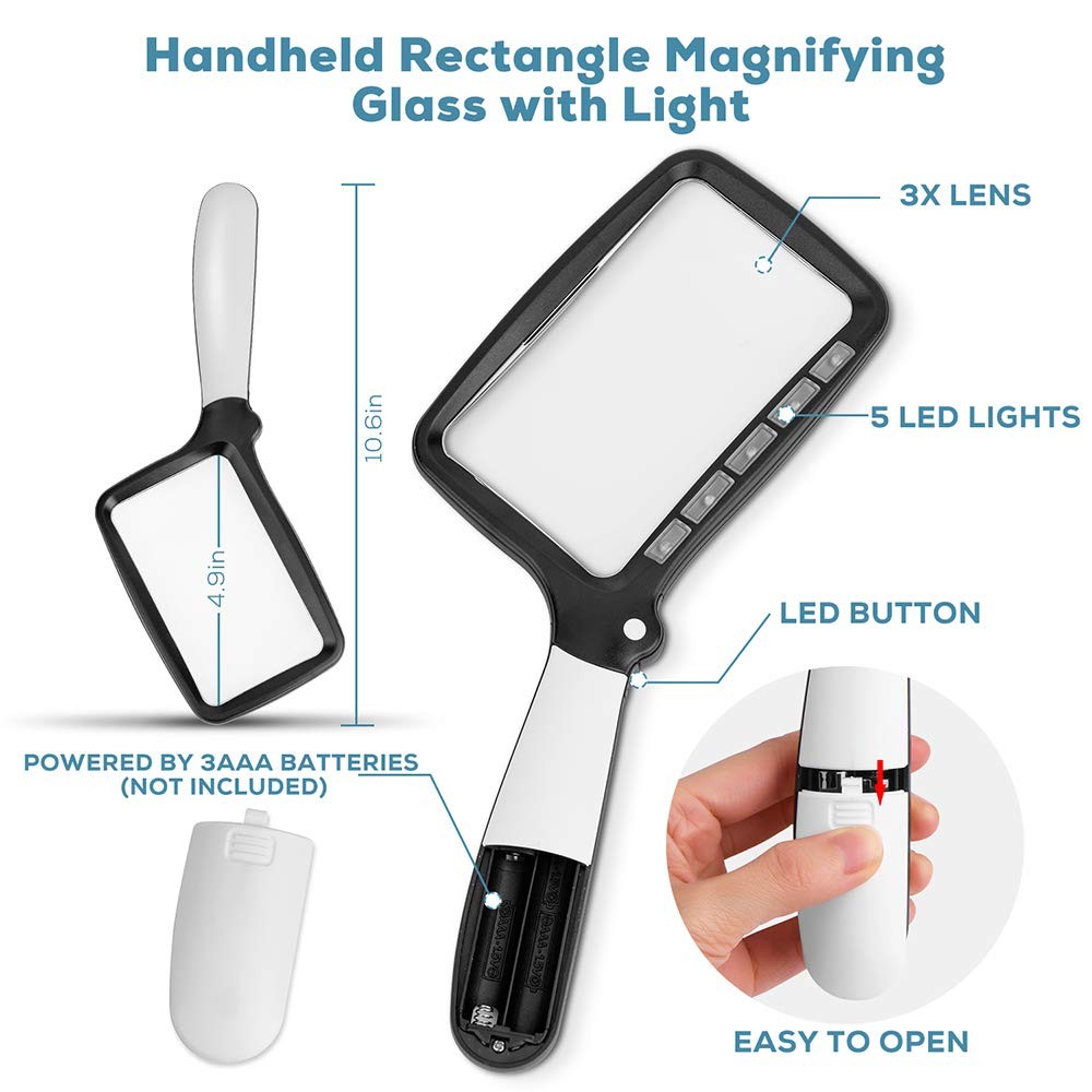 Folding Handheld Magnifying Glass with Light, 3X Large Rectangle Reading Magn...