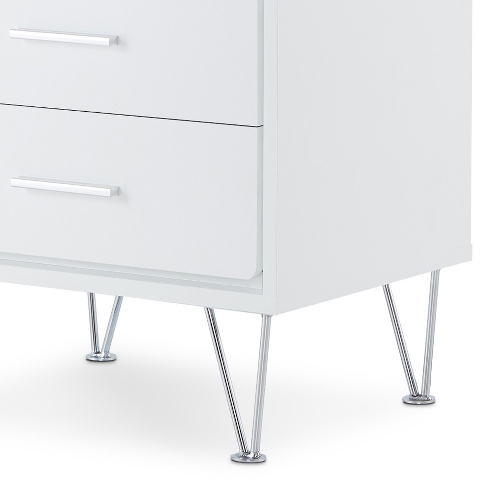 The modern white two-drawer table emphasizes medium-density fiberboard