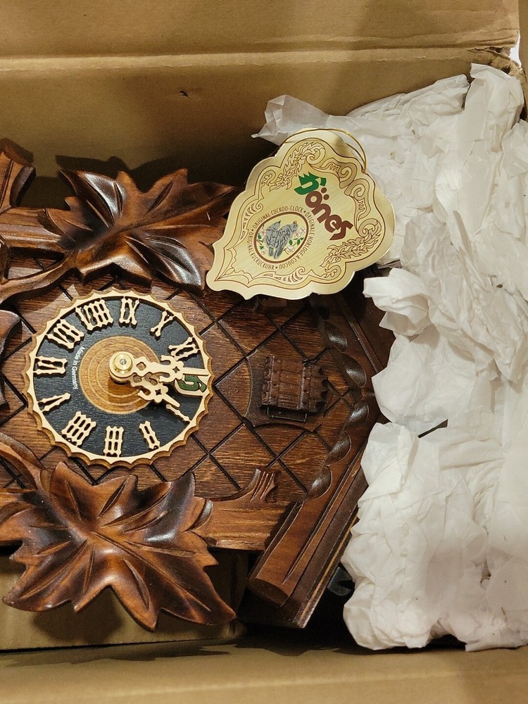 German Black Forest Cuckoo Clock with Five Leaf One Bird 13" Walnut Stain