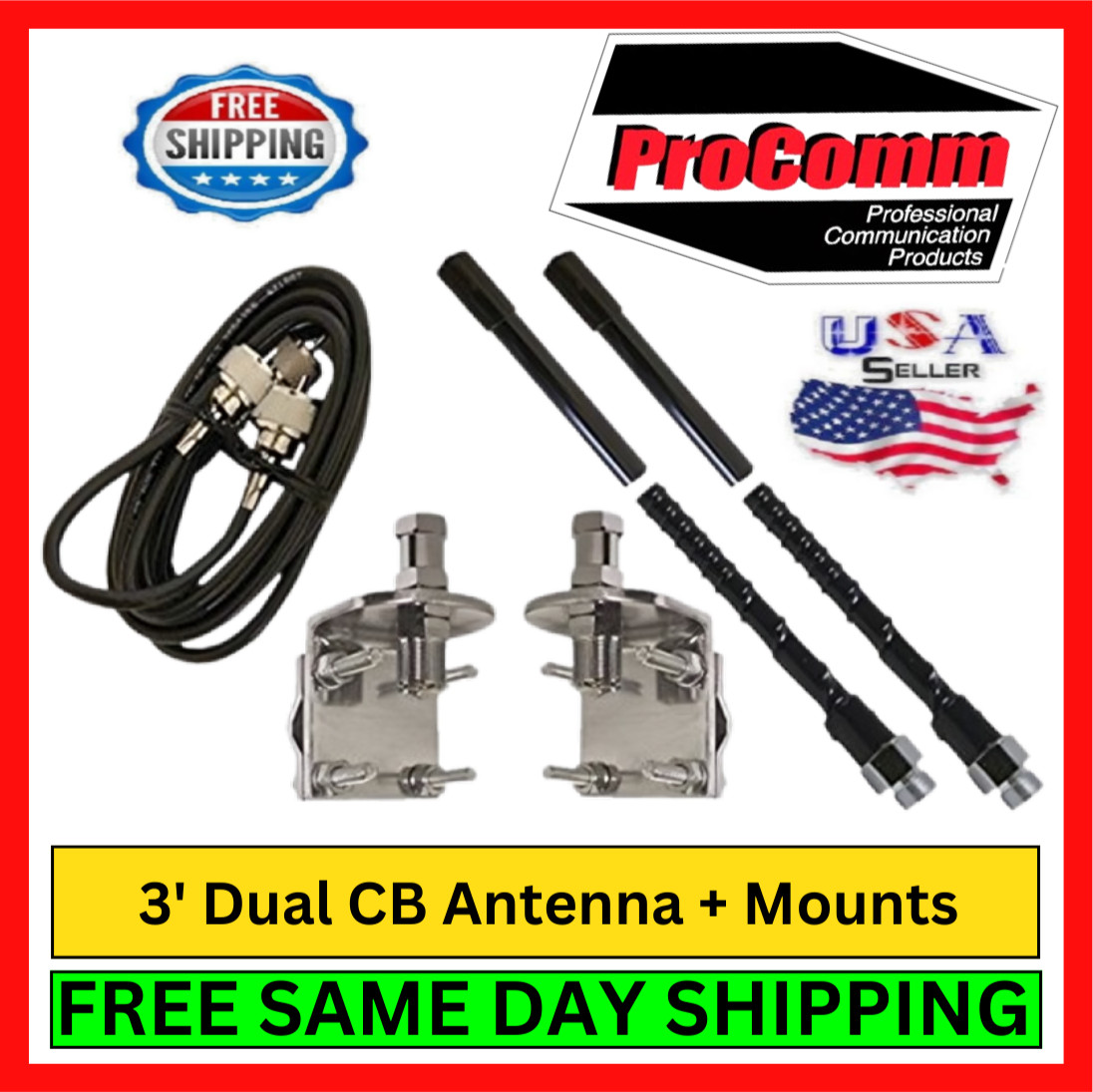 ProComm HSD995-3B Dual 3' CB Antenna 3-Way Mount Cable Kit 750W Fiberglass Black