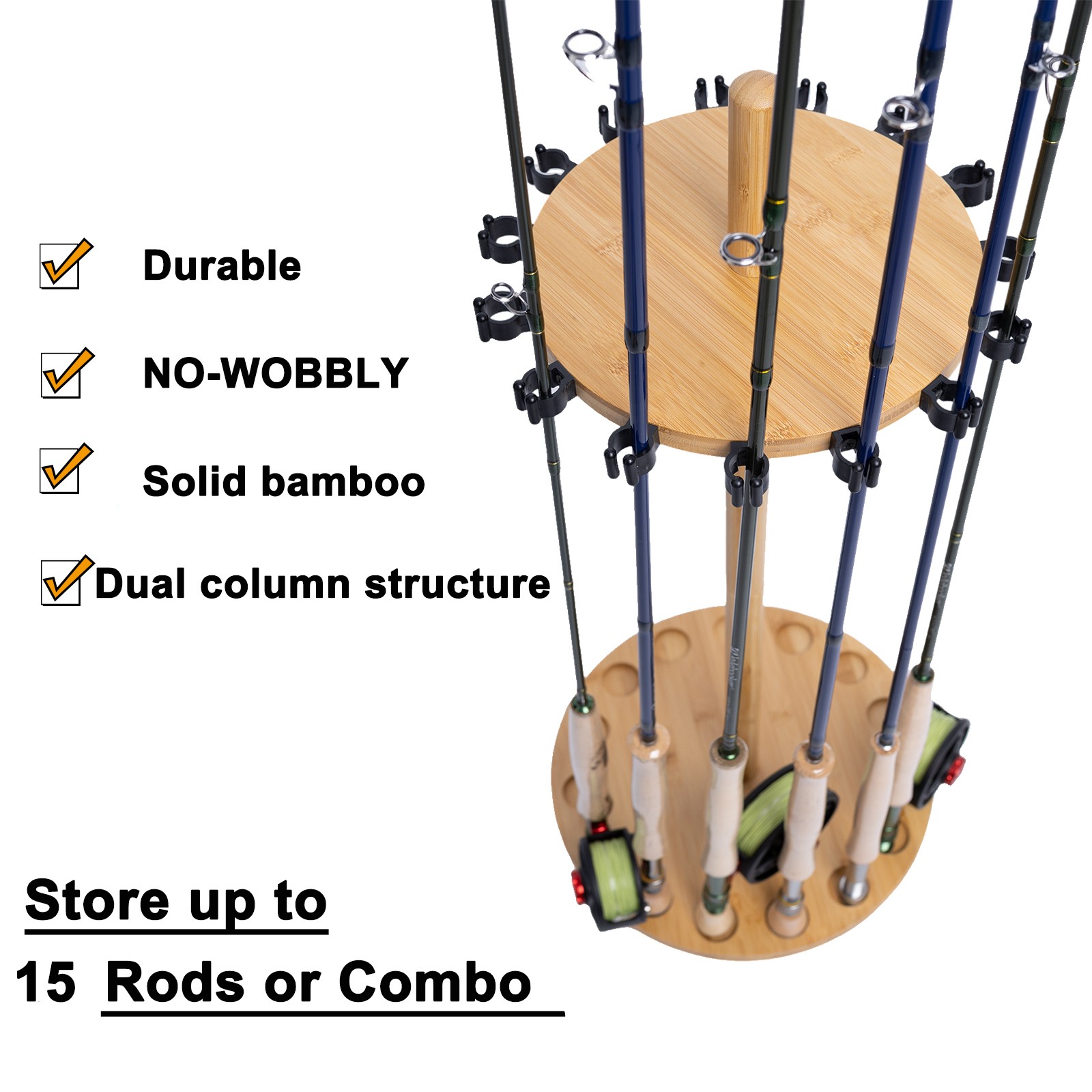 Fishing Pole Rod Racks—Floor Stand Bamboo Round rods holder for 15 Fishing Poles